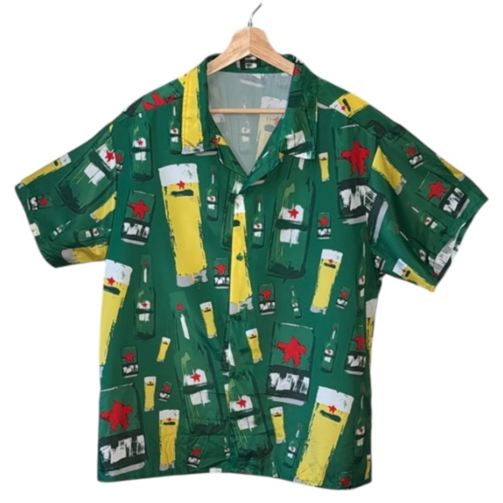 Heineken HE OC Hawaiian Green Patterned Button Down Shirt Size L/XL